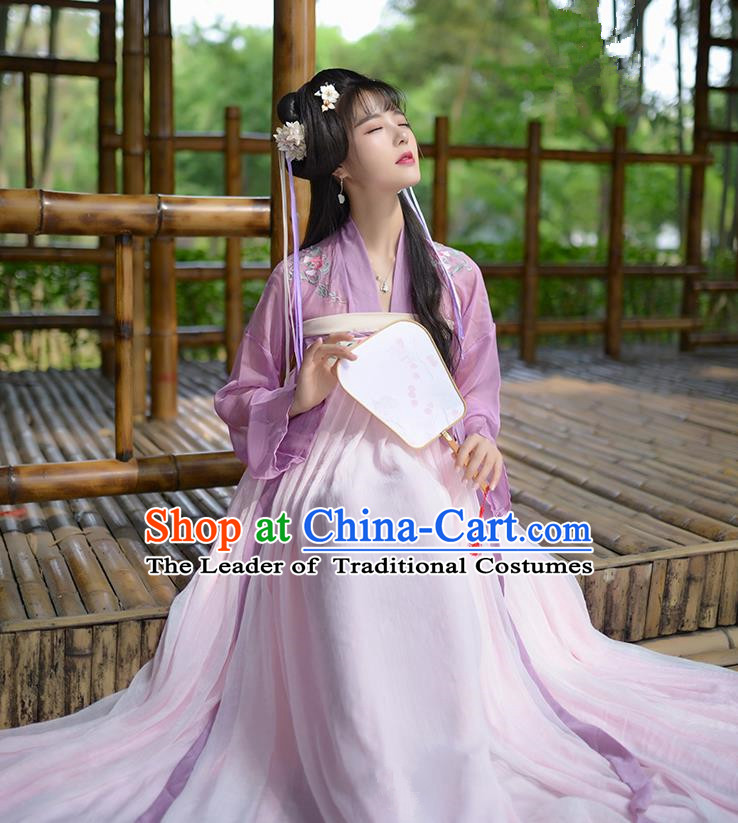 Traditional Ancient Chinese Female Costume Embroidered Flowers Lilac Blouse and Dress Complete Set, Elegant Hanfu Clothing Chinese Tang Dynasty Embroidered Palace Princess Clothing for Women