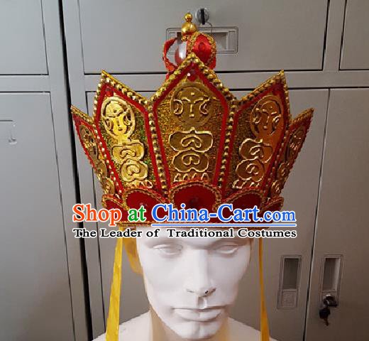 Traditional Ancient Chinese Classical Peking Opera Journey to the West Props, Xi Youji Tang Dynasty Mitral Five Buddha Crown Coronet Monk Hat for Men