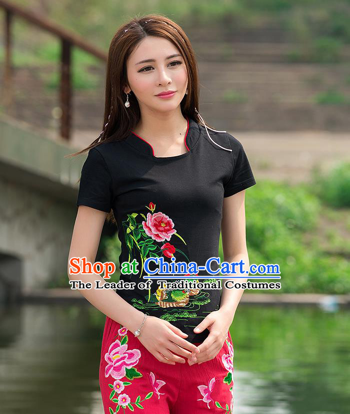 Traditional Ancient Chinese National Costume, Elegant Hanfu Round Collar T-Shirt, China Tang Suit Embroidered Mandarin Duck Peony Black Blouse Cheongsam Upper Outer Garment Shirts Clothing for Women