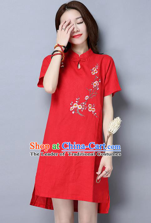 Traditional Ancient Chinese National Costume, Elegant Hanfu Mandarin Qipao Linen Embroidered Red Dress, China Tang Suit Chirpaur Republic of China Cheongsam Upper Outer Garment Elegant Dress Clothing for Women