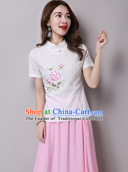 Traditional Chinese National Costume, Elegant Hanfu Printing Flowers Slant Opening White T-Shirt, China Tang Suit Republic of China Plated Buttons Blouse Cheongsam Upper Outer Garment Qipao Shirts Clothing for Women