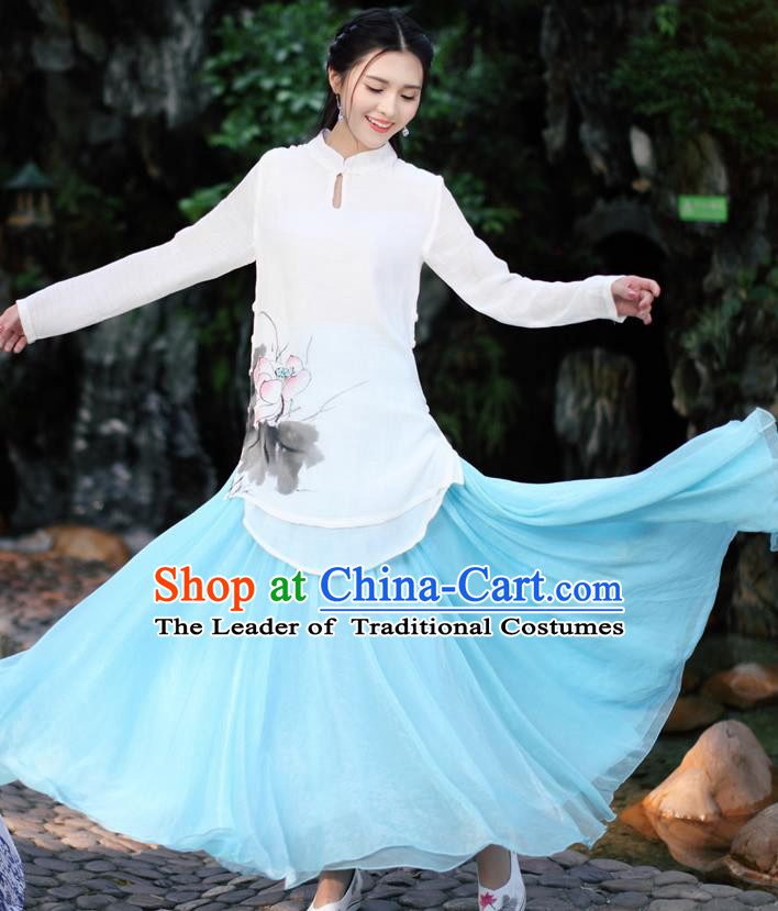 Traditional Chinese National Costume, Elegant Hanfu Ink Painting Lotus Flowers Stand Collar White Shirt, China Tang Suit Republic of China Plated Buttons Blouse Cheongsam Upper Outer Garment Qipao Shirts Clothing for Women