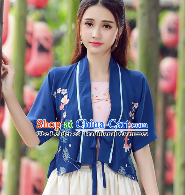 Traditional Ancient Chinese National Costume, Elegant Hanfu Embroidery Cardigan Coat, China Tang Suit Blue Cape, Upper Outer Garment Coat Cloak Clothing for Wome