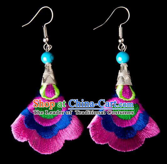 Traditional Chinese Miao Nationality Crafts, Yunnan Hmong Handmade Embroidery Flower Linen Pink Earrings Pendant, China Ethnic Minority Eardrop Accessories Earbob Pendant for Women