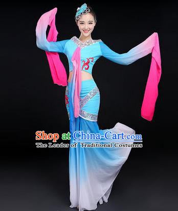 Traditional Chinese Yangge Fan Dancing Costume, Folk Dance Yangko Water-Sleeve Costume Drum Dance Blue Fairy Hanfu Clothing for Women