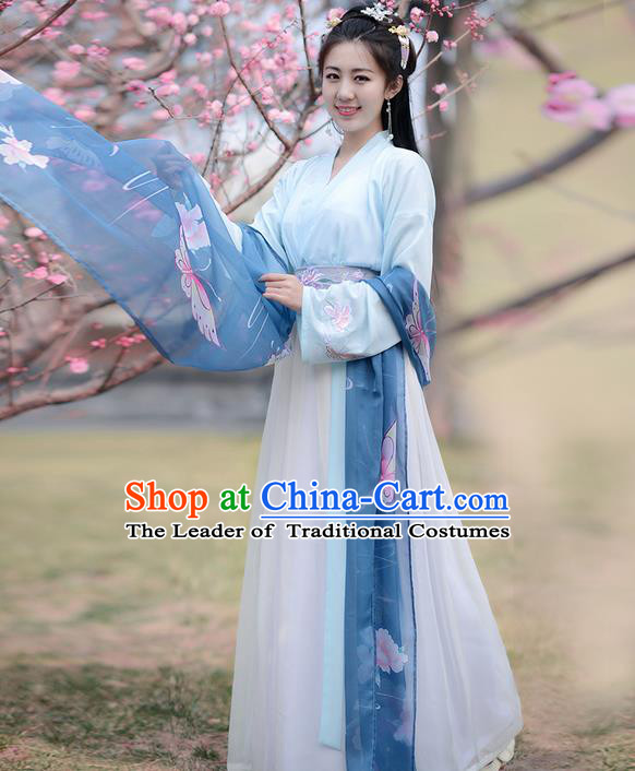 Traditional Ancient Chinese Young Lady Costume Embroidered Butterflies Slant Opening Blouse and Skirt Complete Set , Elegant Hanfu Clothing Chinese Song Dynasty Imperial Princess Clothing for Women