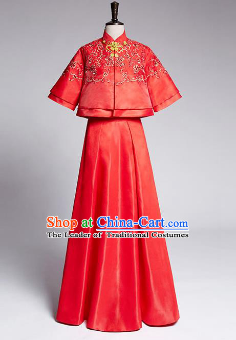 Traditional Ancient Chinese Costume Xiuhe Suits, Chinese Style Wedding Dress Red Restoring Ancient Longfeng Dragon and Phoenix Flown, Bride Toast Cheongsam for Women