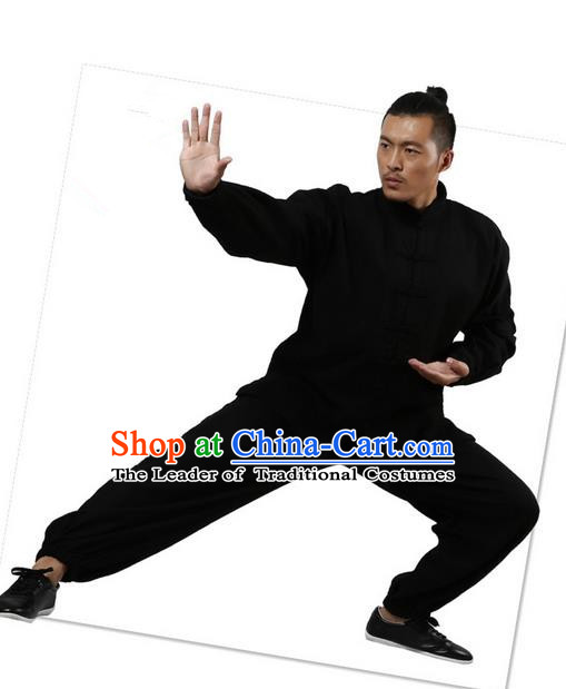 Top Grade Kung Fu Costume Martial Arts Black Brushed Linen Thicken Suits Pulian Zen Clothing, Training Costume Tai Ji Uniforms Gongfu Shaolin Wushu Tai Chi Plated Buttons Clothing for Men