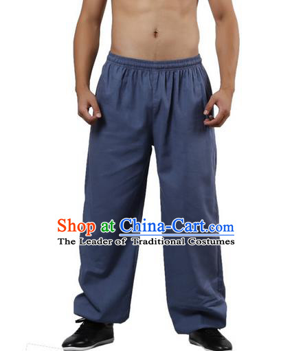 Top Grade Kung Fu Costume Martial Arts Blue Linen Pants Pulian Zen Clothing, Training Bloomers Gongfu Trousers Shaolin Wushu Tai Chi Plus Fours for Men