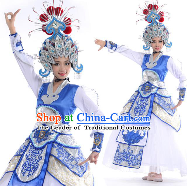 Traditional Chinese Classical Peking Opera Dance Costume, Folk Dance Drum Dance Uniform Costume and Hat Complete Set for Women