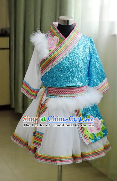 Traditional Chinese Zang Nationality Dancing Costume, Tibetan Children Folk Dance Ethnic Pleated Skirt, Chinese Tibetan Minority Blue Dress for Kids