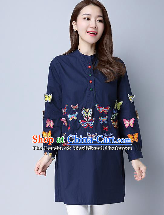 Traditional Chinese National Costume, Elegant Hanfu Patch Embroidery Butterfly Navy Shirt, China Tang Suit Republic of China Chirpaur Blouse Cheong-sam Upper Outer Garment Qipao Shirts Clothing for Women