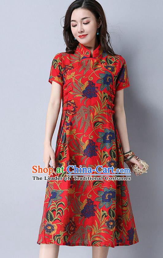 Traditional Ancient Chinese National Costume, Elegant Hanfu Mandarin Qipao Printing Linen Red Dress, China Tang Suit Chirpaur Cheongsam Upper Outer Garment Elegant Dress Clothing for Women
