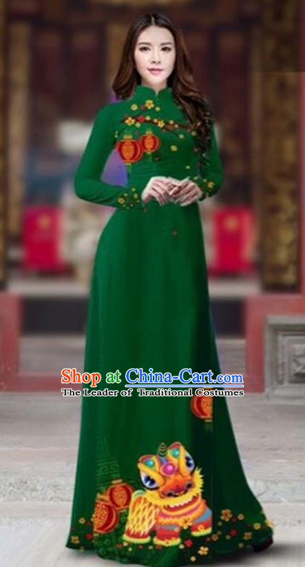 Traditional Top Grade Asian Vietnamese Costumes Classical Printing New Year Cheongsam, Vietnam National Ao Dai Dress Princess Deep Green Full Dress for Women