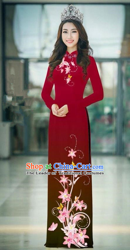 Top Grade Asian Vietnamese Costumes Classical Jing Nationality Printing Handmade Purplish Red Cheongsam, Vietnam National Vietnamese Traditional Princess Ao Dai Dress