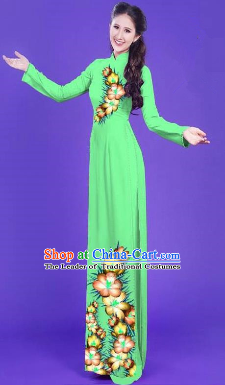 Top Grade Asian Vietnamese Costumes Classical Jing Nationality Long Printing Flowers Cheongsam, Vietnam National Vietnamese Bride Traditional Princess Grass Green Ao Dai Dress