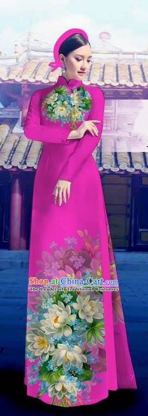 Top Grade Asian Vietnamese Costumes Classical Jing Nationality Long Rosy Cheongsam, Vietnam National Clothing Vietnamese Bride Traditional Printing Flowers Ao Dai Dress