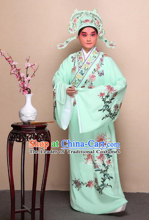 Traditional Chinese Beijing Opera Niche Green Dress Clothing Complete Set, China Peking Opera Young Man Costume Embroidered Chrysanthemum Robe Opera Costumes