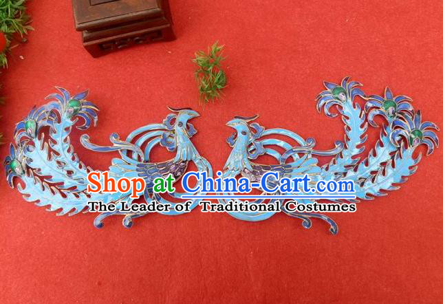 Traditional Handmade Chinese Ancient Classical Hair Jewelry Accessories, China Hanfu Blueing Phoenix Hair Ornament Hairpins Ming Dynasty Imperial Princess Barrettes Hair Stick for Women