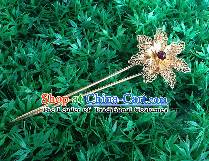 Traditional Handmade Chinese Ancient Classical Hair Accessories Barrettes Red Pearl Lotus Hairpins, Pure Sliver Gilding Step Shake Hair Sticks for Women