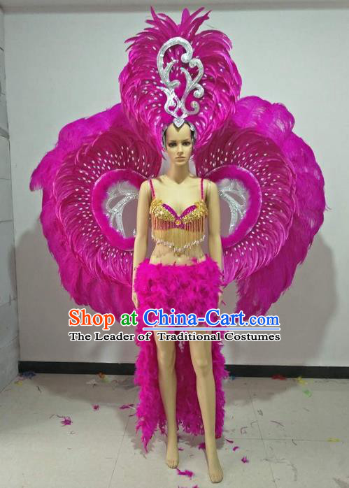 Top Grade Professional Performance Catwalks Swimsuit Costumes with Wings Headpiece, Traditional Brazilian Rio Carnival Samba Suits Modern Fancywork Rosy Feather Bikini for Women