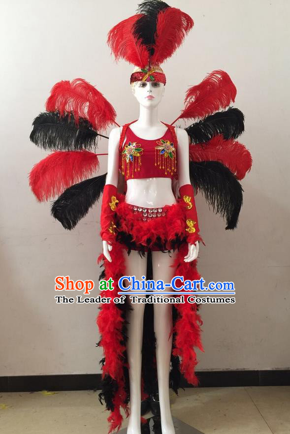 Top Grade Professional Performance Catwalks Red and Black Feather Bikini and Headwear Wings, Brazilian Rio Carnival Samba Opening Dance Swimsuit Clothing for Women