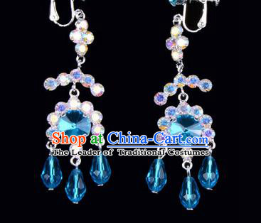 Chinese Ancient Peking Opera Head Accessories Young Lady Diva Colorful Crystal Blue Earrings, Traditional Chinese Beijing Opera Hua Tan Eardrop Ear Pendants