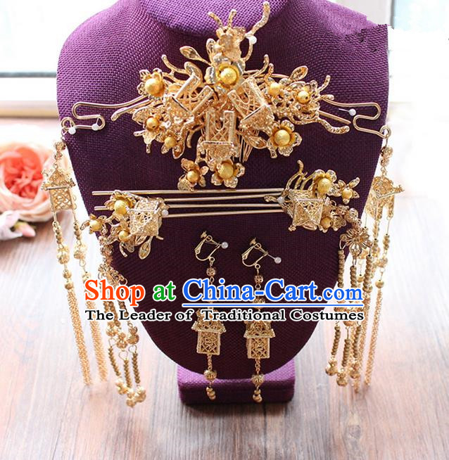 Top Grade Chinese Handmade Wedding Hair Accessories Tassel Step Shake Complete Set, Traditional China Xiuhe Suit Golden Phoenix Coronet Bride Hairpins Headdress for Women