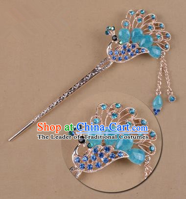 Top Grade Chinese Ancient Peking Opera Hair Accessories Diva Blue Crystal Peacock Hairpins Step Shake, Traditional Chinese Beijing Opera Princess Hua Tan Hair Clasp Head-ornaments