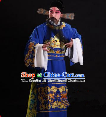 Traditional Chinese Beijing Opera Male Blue Clothing, China Peking Opera Emperor Costume Embroidered Gwanbok Robe Opera Costumes