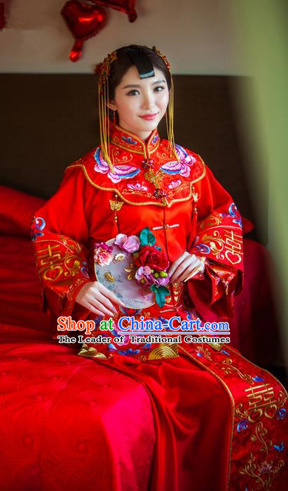 Traditional Chinese Wedding Costume Xiuhe Suits Wedding Red Suit, Ancient Chinese Bride Toast Dress Hand Embroidered Butterfly Flowers Clothing Longfeng Flown for Women