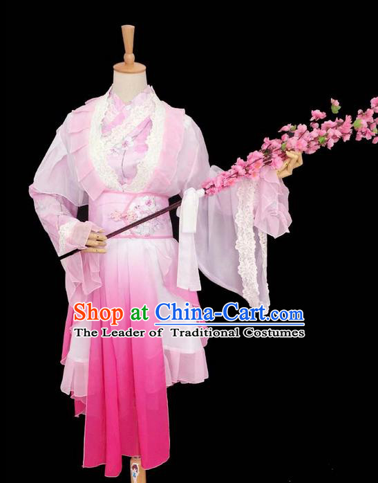 Traditional Chinese Cosplay Palace Lady Dance Fairy Costume, Chinese Ancient Ink Painting Plum Blossom Hanfu Tang Dynasty Princess Pink Dress Clothing for Women