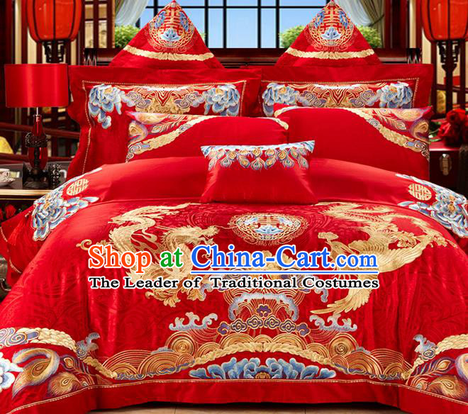 Traditional Asian Chinese Style Wedding Article Palace Lace Qulit Cover Bedding Sheet Complete Set, Embroidered Golden Dragon and Phoenix Satin Drill Eleven-piece Duvet Cover Textile Bedding Suit