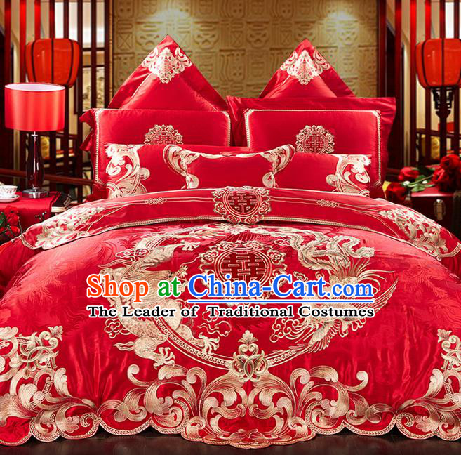 Traditional Asian Chinese Style Wedding Article Bedding Dragon and Phoenix Sheet Complete Set, Embroidery Peony Red Eleven-piece Duvet Cover Satin Drill Textile Bedding Suit