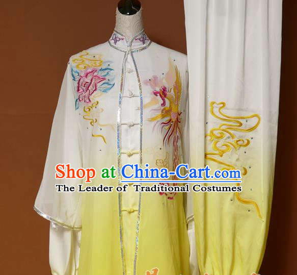 Top Grade Kung Fu Costume Asian Chinese Martial Arts Tai Chi Training Yellow Uniform, China Embroidery Phoenix Peony Gongfu Shaolin Wushu Clothing for Women