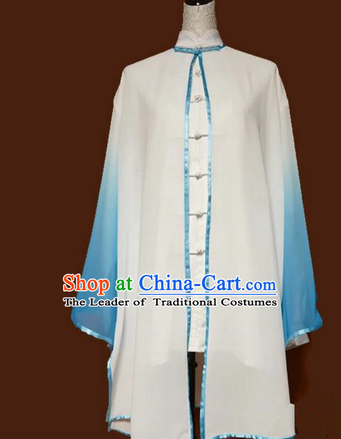 Asian Chinese Top Grade Silk Kung Fu Costume Martial Arts Tai Chi Training Tissue, China Gongfu Shaolin Wushu Embroidery Dragon Gradient Blue Cardigan for Men