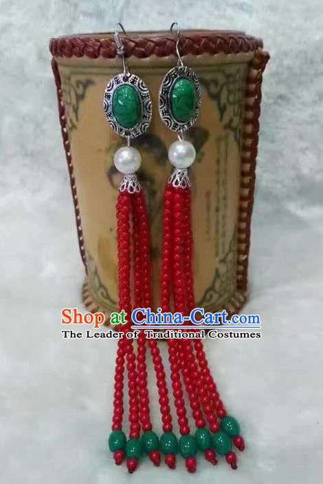 Traditional Handmade Chinese  Mongol Nationality Dance Accessories Red Earrings, China Mongols Mongolian Minority Nationality Princess Long Beads Tassel Eardrop for Women