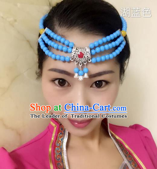 Traditional Handmade Chinese Mongol Nationality Handmade Blue Beads Headband, China Mongols Mongolian Minority Nationality Wedding Sliver Headwear Headpiece for Women