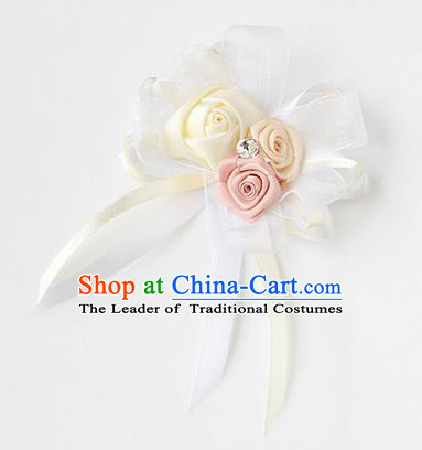 Top Grade Classical Wedding Ribbon Flowers, Bride Emulational Corsage Bridesmaid White Bowknot Brooch Flowers for Women