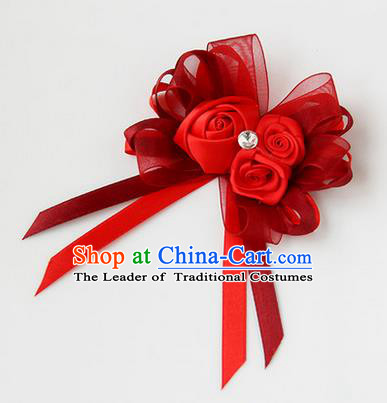 Top Grade Classical Wedding Ribbon Flowers, Bride Emulational Corsage Bridesmaid Red Bowknot Brooch Flowers for Women