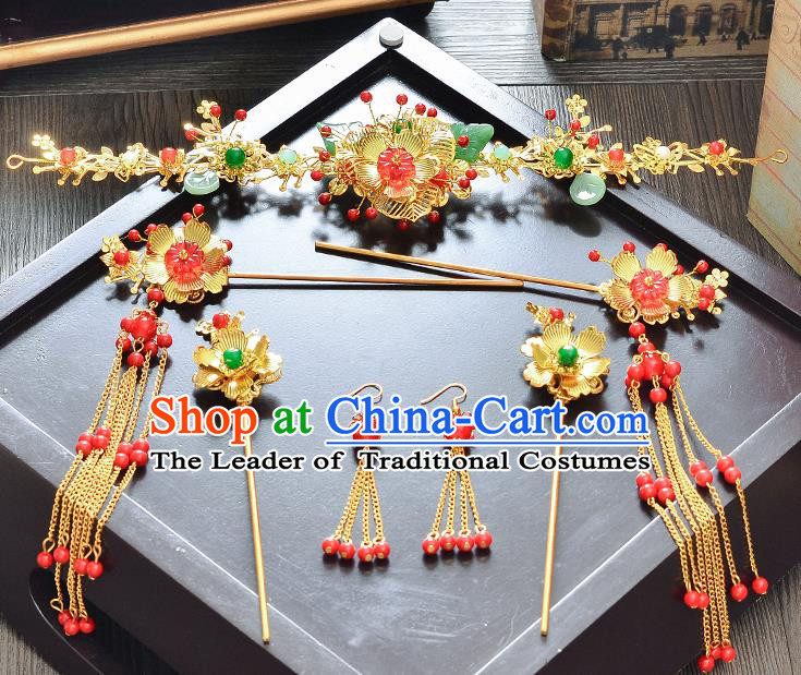 Traditional Handmade Chinese Wedding Xiuhe Suit Bride Hair Accessories Hair Comb Hairpins Complete Set, Step Shake Hanfu Hairpins for Women