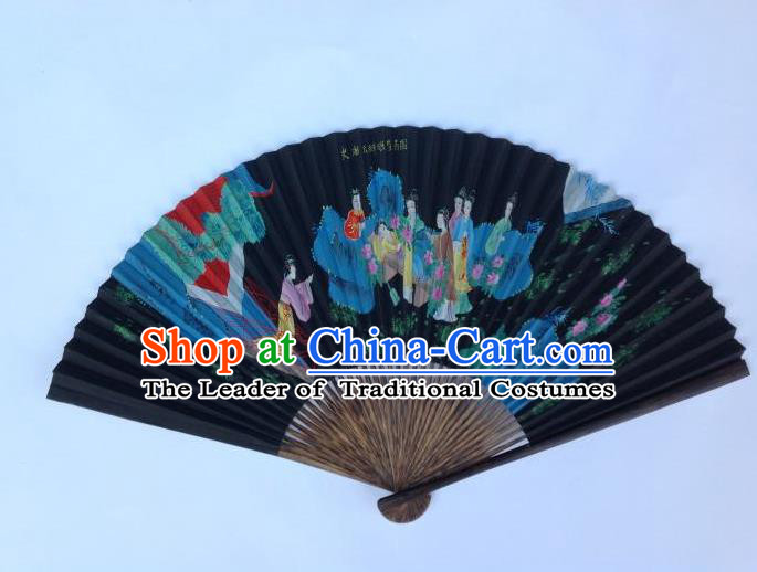 Traditional Chinese Crafts Peking Opera Folding Fan China Sensu Ink Painting A Dream in Red Mansions Black Paper Paper Fan