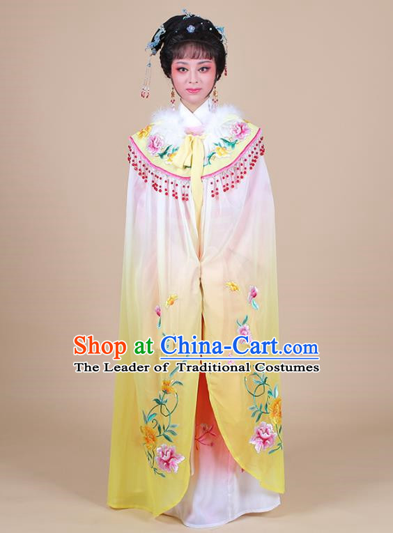Traditional China Beijing Opera Young Lady Hua Tan Costume Female Yellow Embroidered Cloak, Ancient Chinese Peking Opera Diva Embroidery Mantle Clothing
