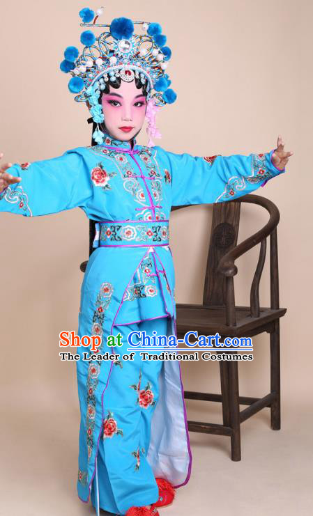 Traditional China Beijing Opera Swordplay Costume Female Warriors Blue Embroidered Robe and Headwear, Ancient Chinese Peking Opera Blues Embroidery Clothing for Kids
