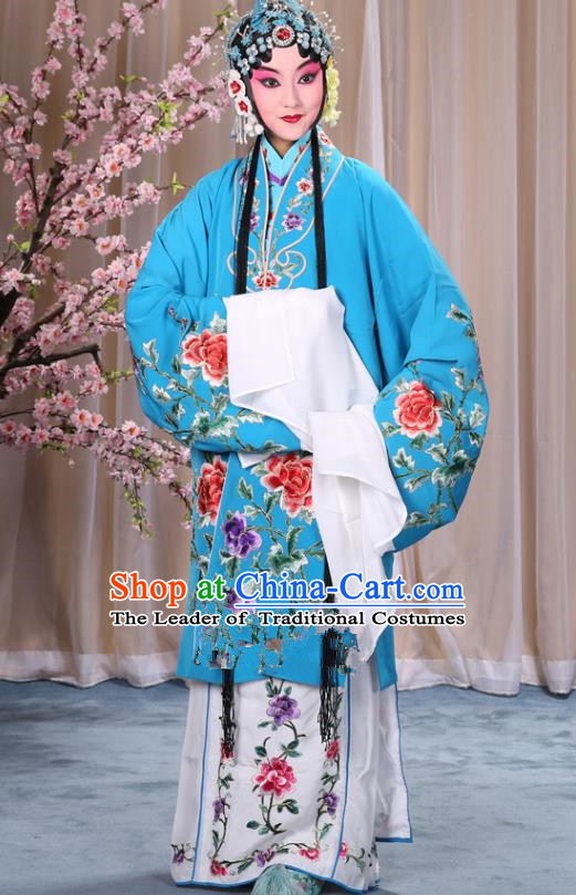 Top Grade Professional Beijing Opera Imperial Consort Costume Hua Tan Blue Embroidered Cape, Traditional Ancient Chinese Peking Opera Diva Embroidery Peony Clothing