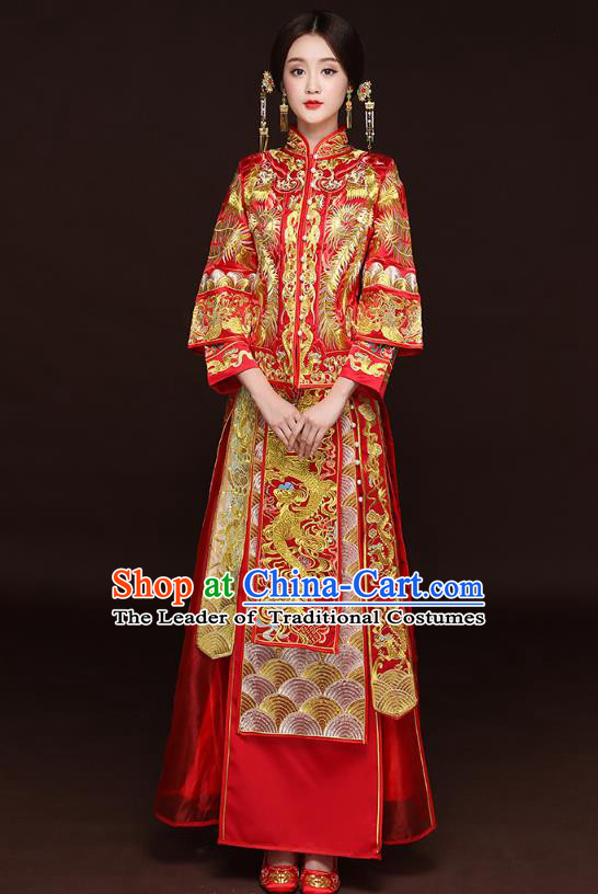 Traditional Ancient Chinese Wedding Costume Handmade Delicacy XiuHe Suits Embroidery Phoenix Cheongsam Bottom Drawer, Chinese Style Hanfu Wedding Bride Hanfu Clothing for Women
