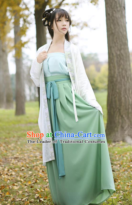 Ancient Chinese Palace Princess Hanfu Costume, Traditional China Song Dynasty Young Lady Embroidery White BeiZi Boob Tube Top and Skirt Complete Set