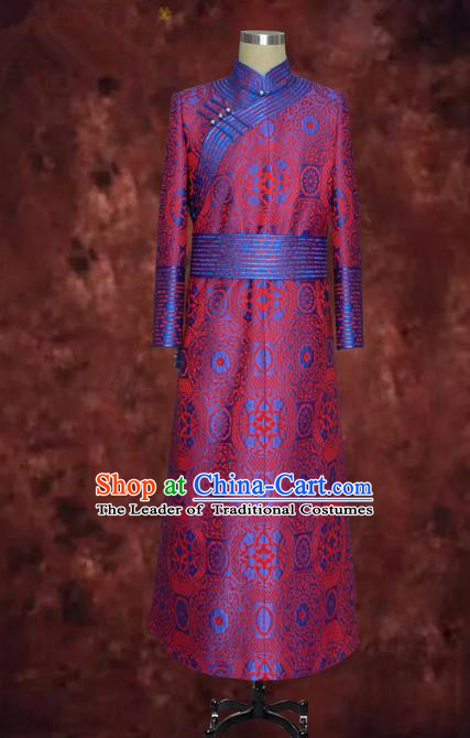 Traditional Chinese Mongol Nationality Dance Costume Rosy Mongolian Robe, Chinese Mongolian Minority Nationality Royal Highness Embroidery Costume for Men