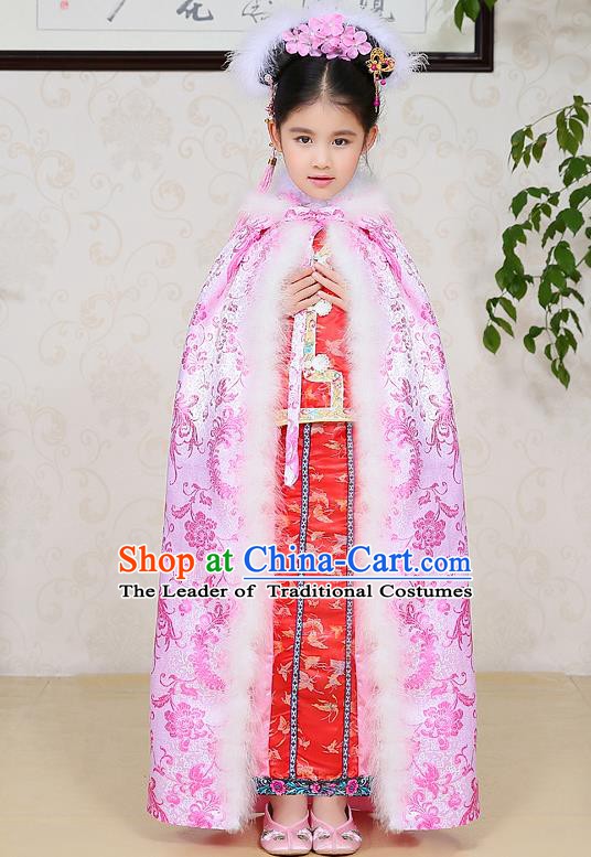 Traditional Ancient Chinese Qing Dynasty Manchu Princess Costume Embroidered Pink Cloak for Kids