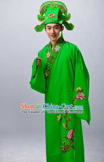 Traditional China Beijing Opera Costume Gifted Scholar Green Embroidered Robe, Chinese Peking Opera Niche Embroidery Clothing